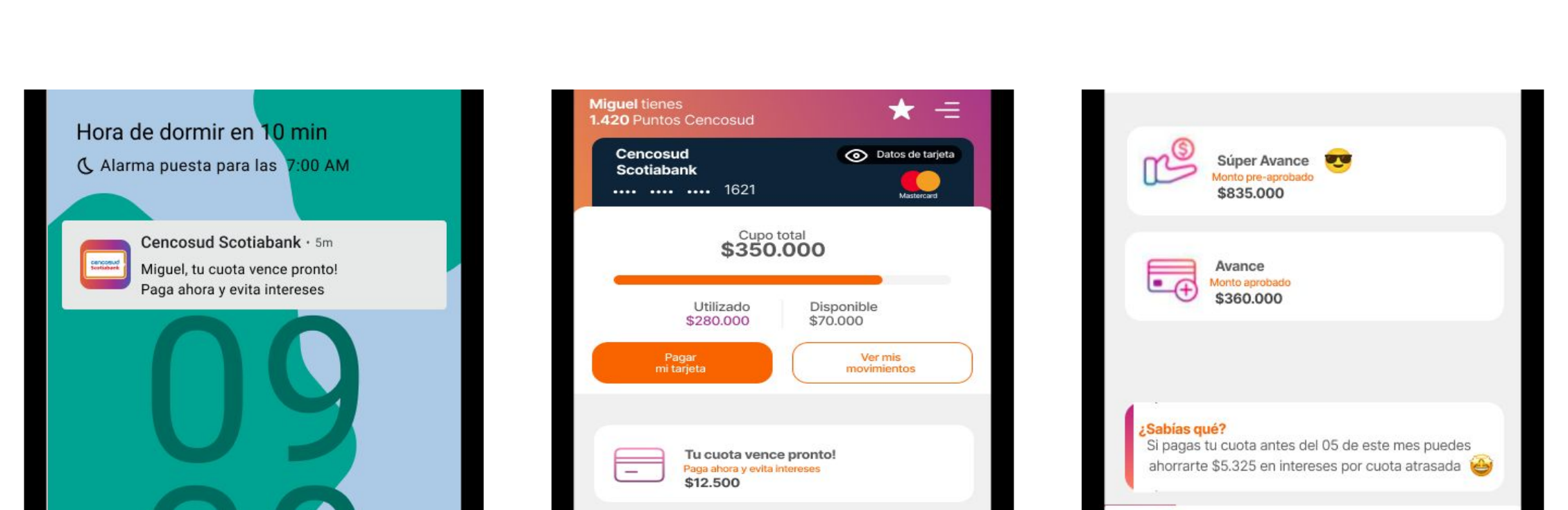 Tres fragmentos del prototipo con avisos de vencimiento y posible ahorro de intereses.