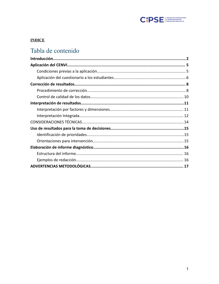 Índice del manual pedagógico CENVI