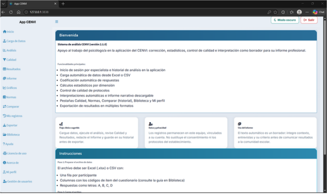 Pantalla de inicio del programa CENVI con sus módulos de carga, análisis y reportes