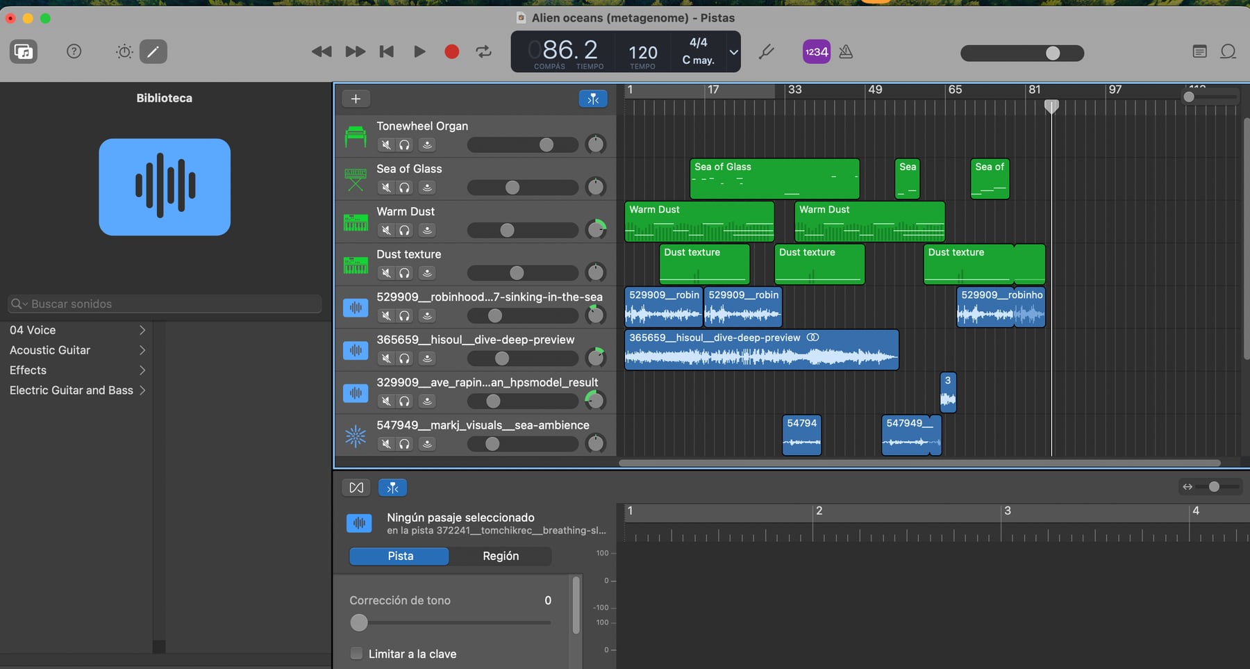 Proyecto de Metagenome abierto en GarageBand, con cuatro pistas instrumentales y cinco pistas de sonidos encontrados distribuidas en la línea de tiempo.