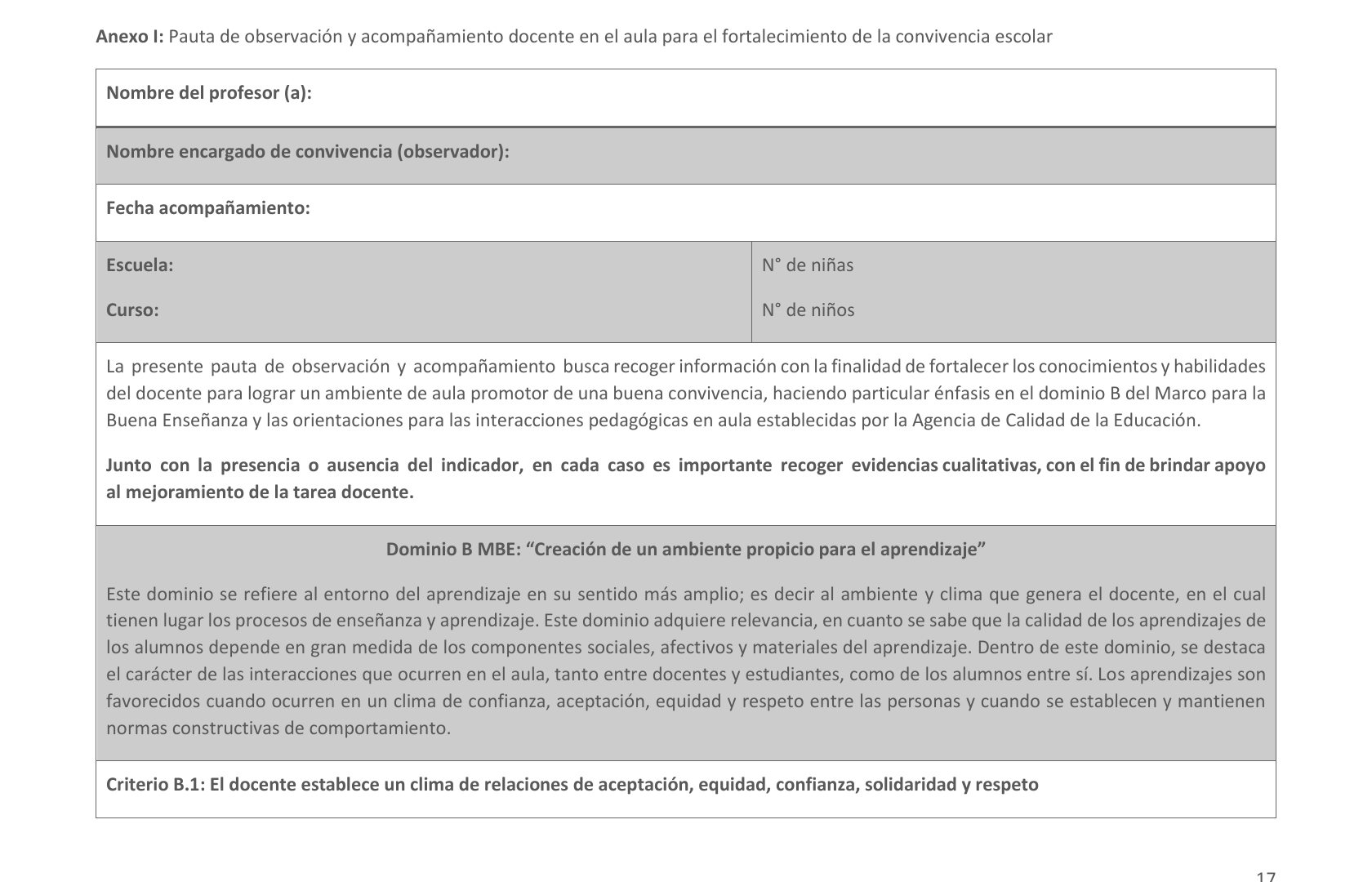 Inicio de una pauta de observación y acompañamiento docente en el aula.