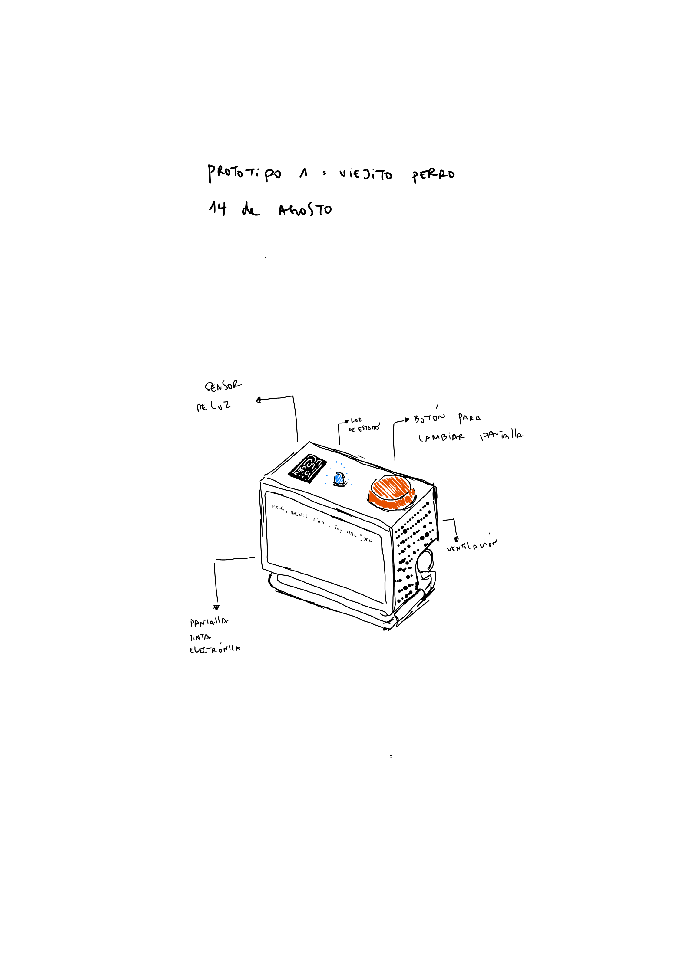 Boceto manuscrito de una primera carcasa con pantalla, sensor de luz, botón, luz de estado y ventilación.
