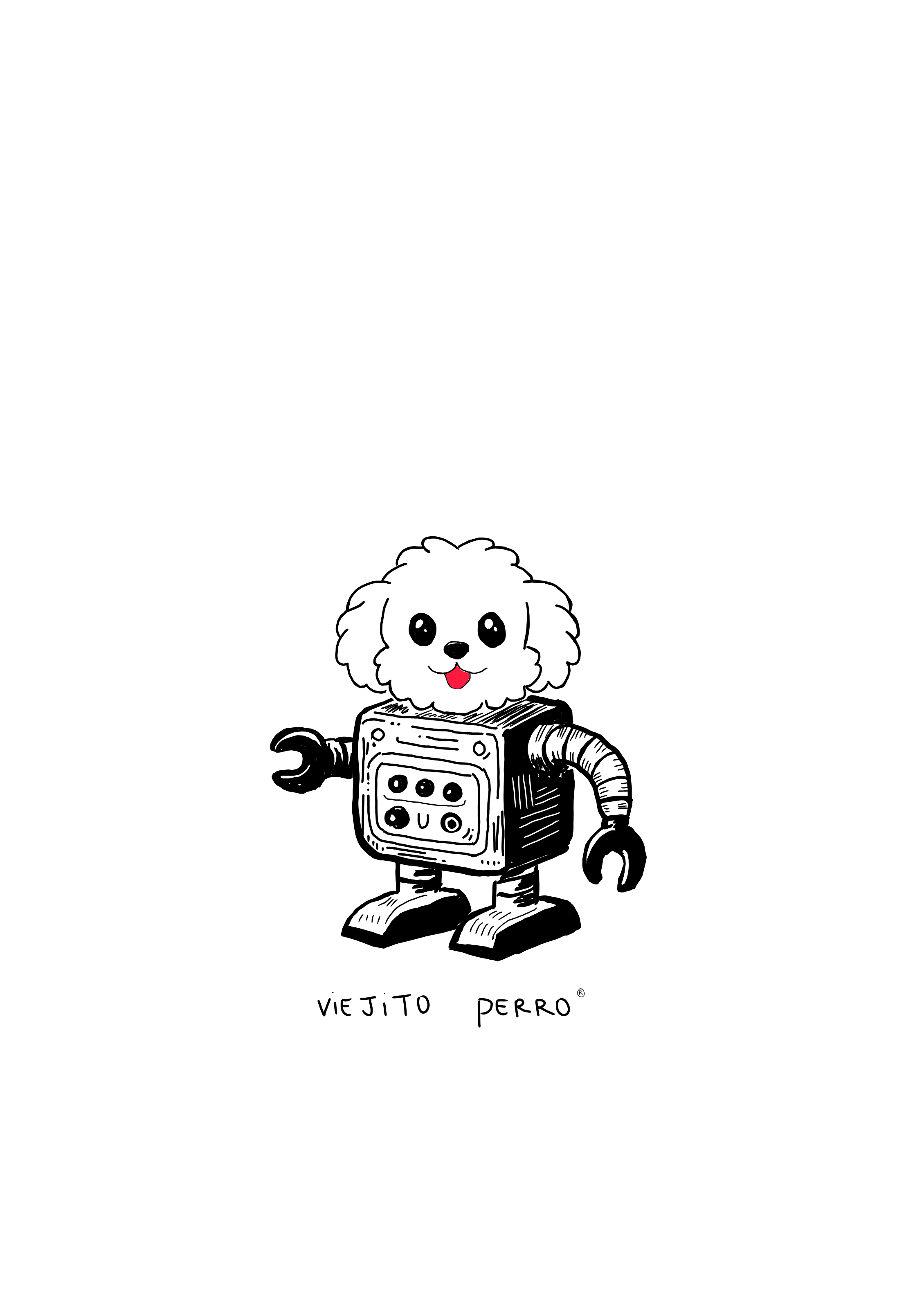 Dibujo original de Viejito-Perro: un perro de cabeza blanca y cuerpo de robot.